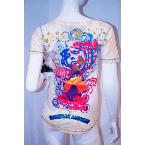 CHRISTIAN  AUDIGIER Top SHIRT Stars GLITTER Gold COTTON ( S ) - Picture 2 of 2